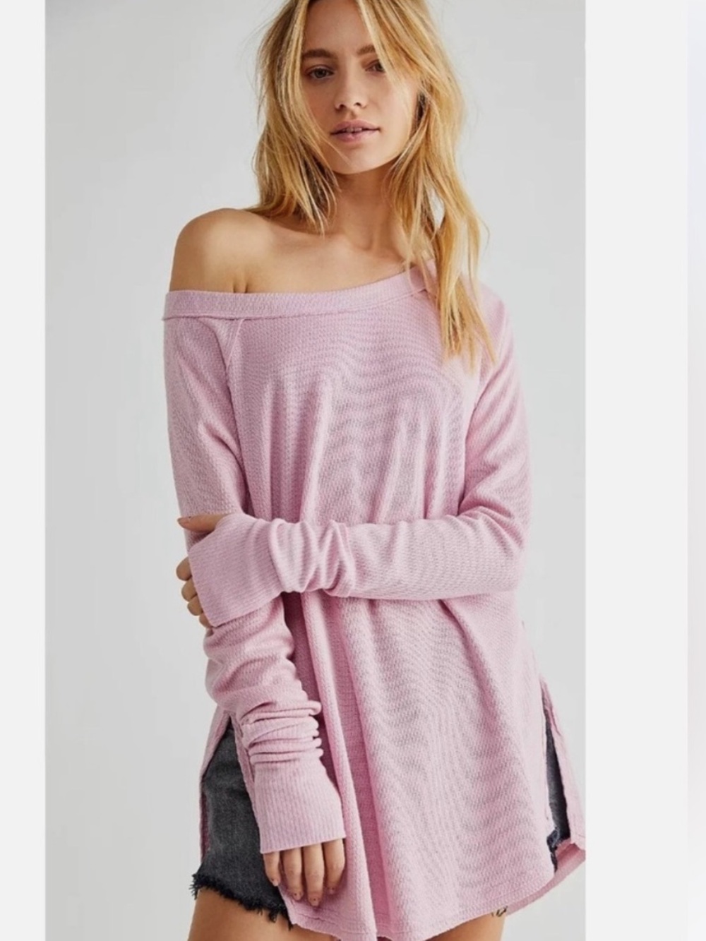 Free‎ People We the Free Pink Waffle Oversized Long Sleeve Blouse Size Small